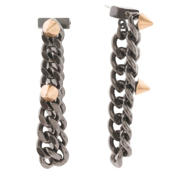 AllSaints Gunmetal Chain & Gold Stud Drop Earrings - Picture 1 of 3